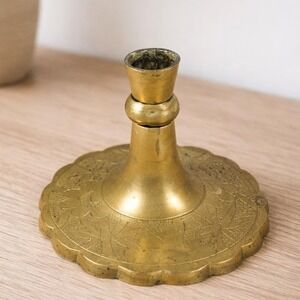 Brass Candlestick Holder Floral Engraved Scalloped Base Vintage
